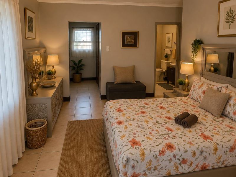 A well-maintained bedroom featuring tiled flooring, neutral wall tones, and direct access to an en-suite bathroom, creating a comfortable and functional living space.
