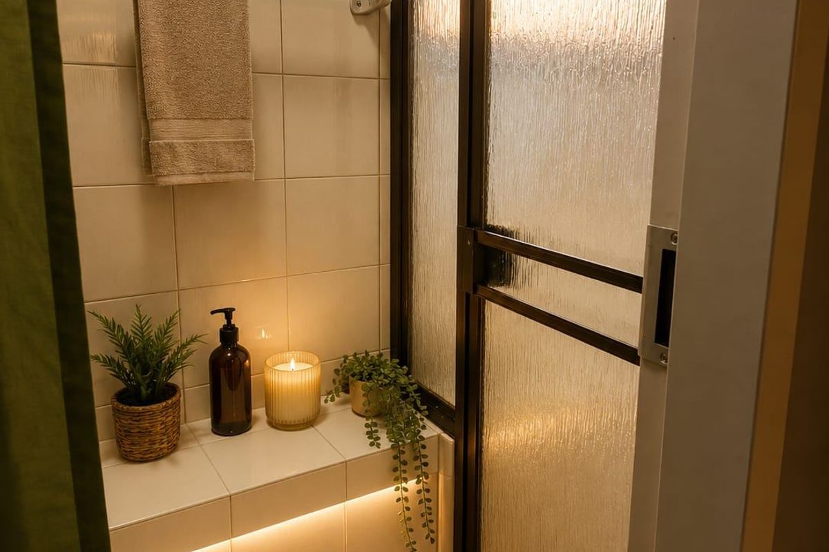 A compact bathroom shower area featuring a tiled enclosure, textured glass door, and a built-in tiled ledge with integrated accent lighting.
