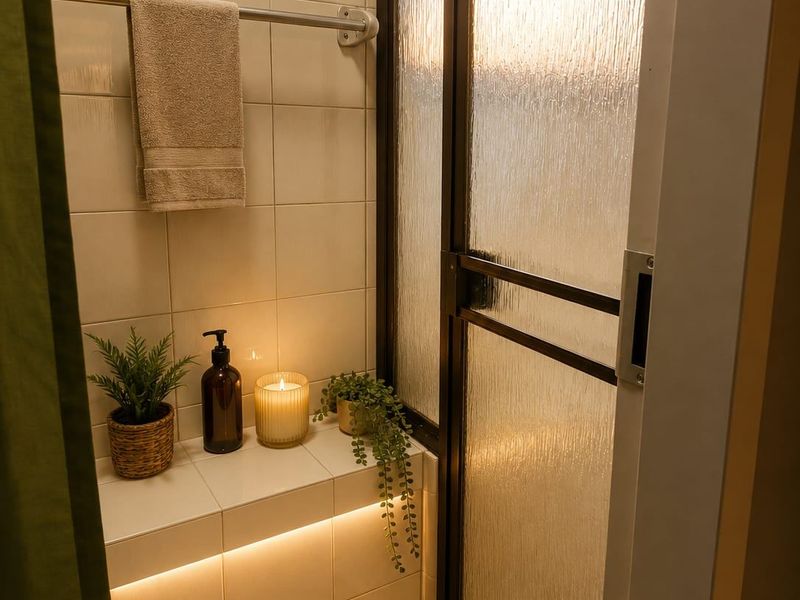A compact bathroom shower area featuring a tiled enclosure, textured glass door, and a built-in tiled ledge with integrated accent lighting.