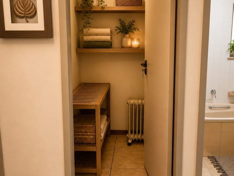 A compact utility storage closet featuring tiled flooring and built-in shelving, conveniently located adjacent to the bathroom.