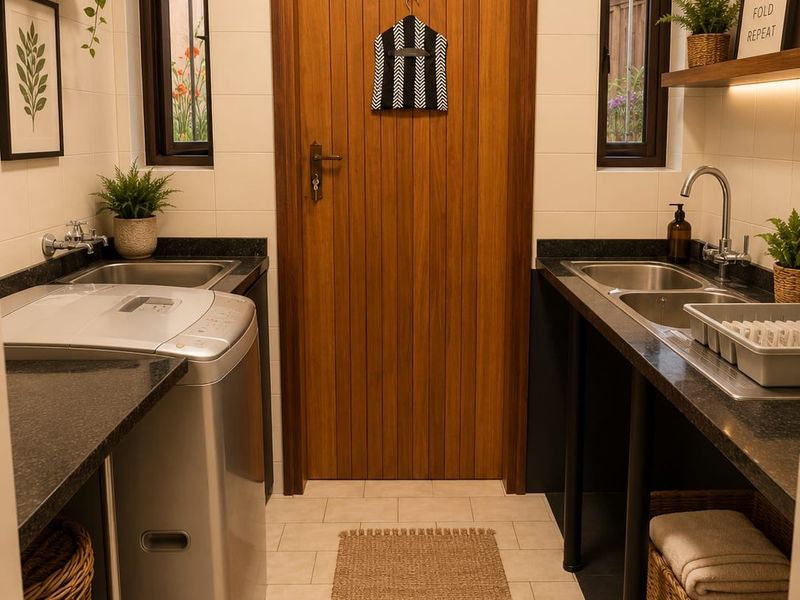 A well-appointed laundry room featuring granite countertops, double and single stainless steel sinks, tiled backsplash, and warm timber accents.