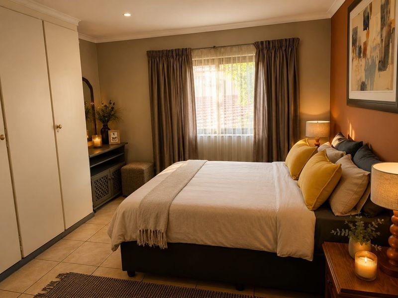 A well-maintained bedroom featuring built-in cupboards, tiled flooring, and recessed lighting, creating a comfortable and functional living space.