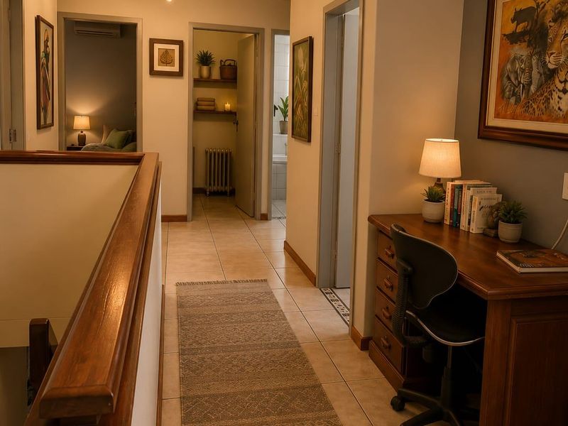 A well-lit upper-level hallway featuring tiled flooring, a wooden staircase railing, and access to multiple bedrooms and a bathroom.