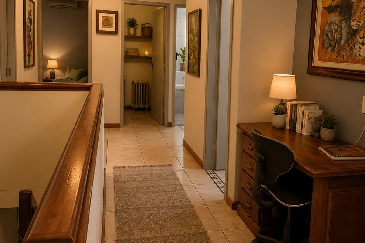 A well-lit upper-level hallway featuring tiled flooring, a wooden staircase railing, and access to multiple bedrooms and a bathroom.