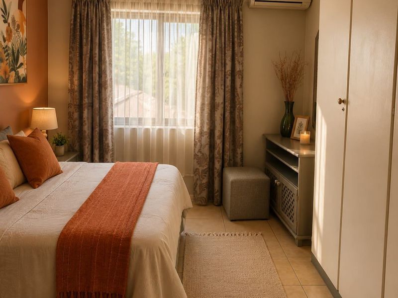 A well-maintained bedroom featuring built-in cupboards, tiled flooring, and a wall-mounted air conditioning unit, offering a comfortable and functional living space.