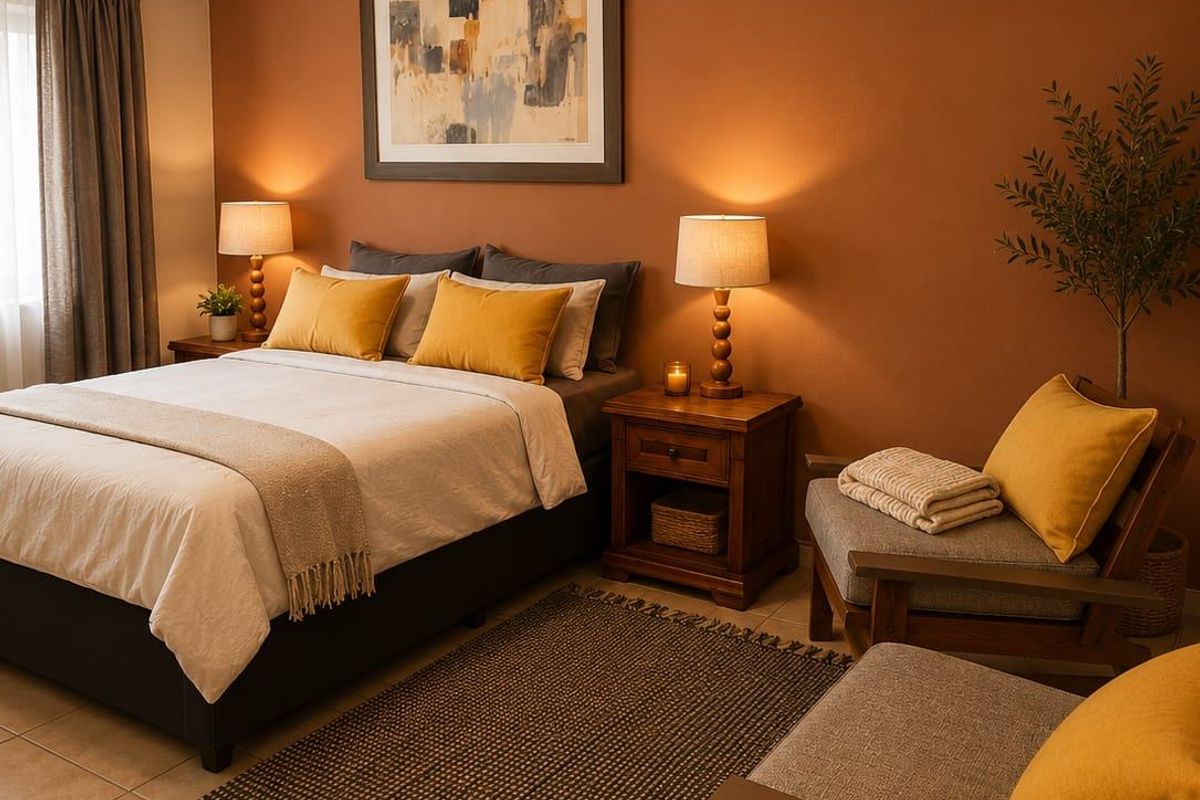 A well-maintained bedroom featuring tiled flooring, a wall-mounted air conditioning unit, and neutral wall tones.