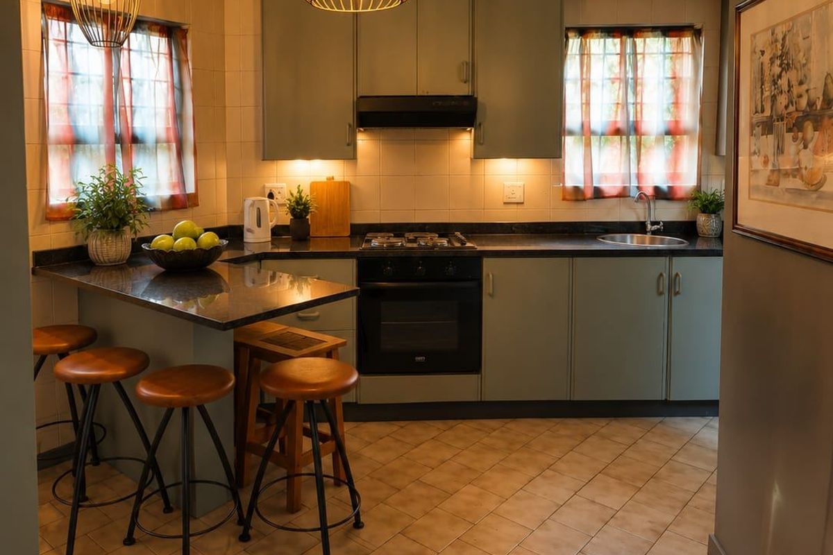 A well-maintained kitchen featuring sage green cabinetry, granite countertops, a gas hob, built-in oven, and a breakfast bar area with pendant lighting.
