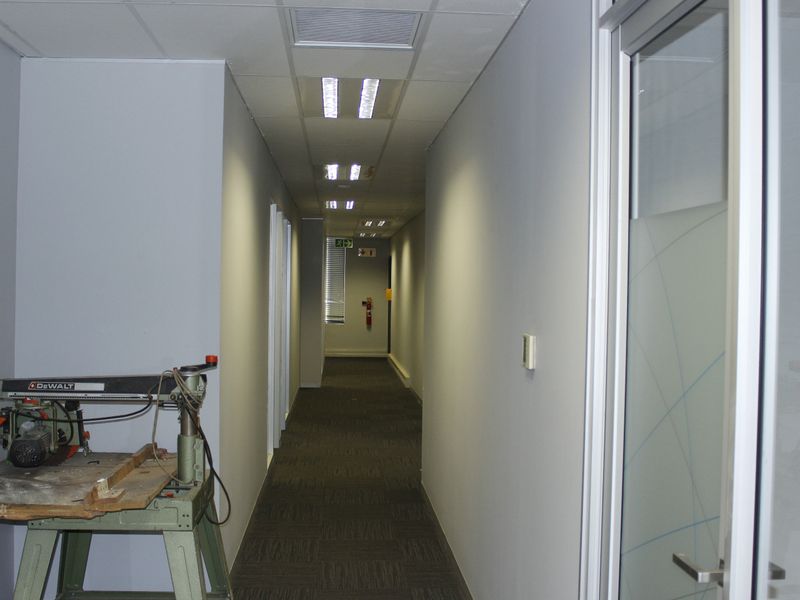 A clean, well-lit commercial office hallway featuring carpeted flooring, suspended ceilings with recessed lighting, and glass partition doors.