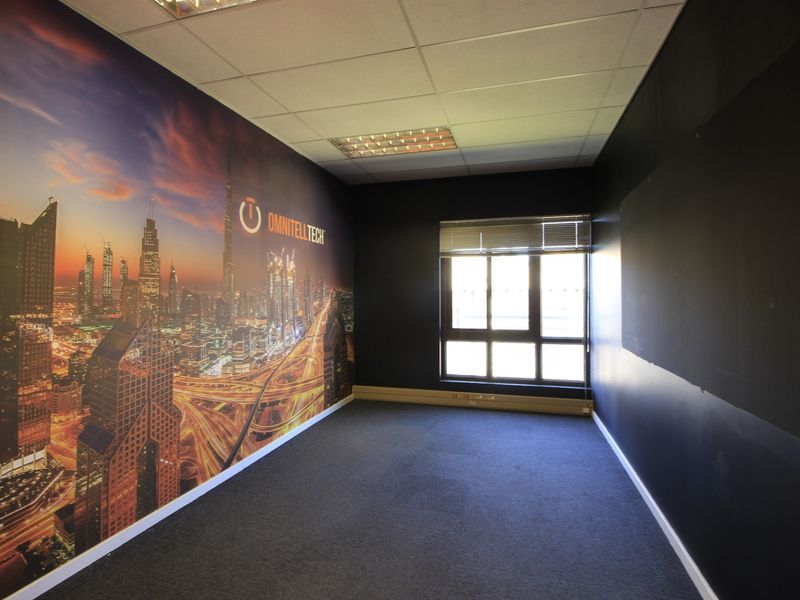 An empty office space featuring a large city skyline wall mural, carpeted flooring, and a suspended ceiling with recessed lighting.