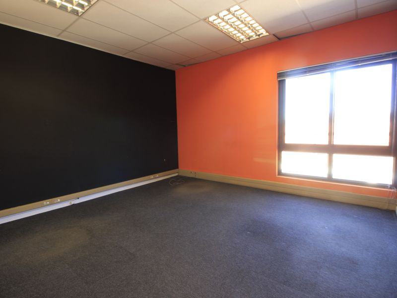 An empty commercial office space featuring a suspended ceiling, recessed lighting, carpeted flooring, and large windows with integrated skirting board trunking.