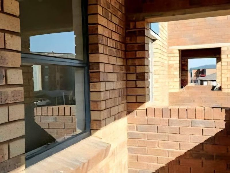 An unfinished balcony area featuring exposed face brick walls and aluminium window frames, currently in a shell construction state.