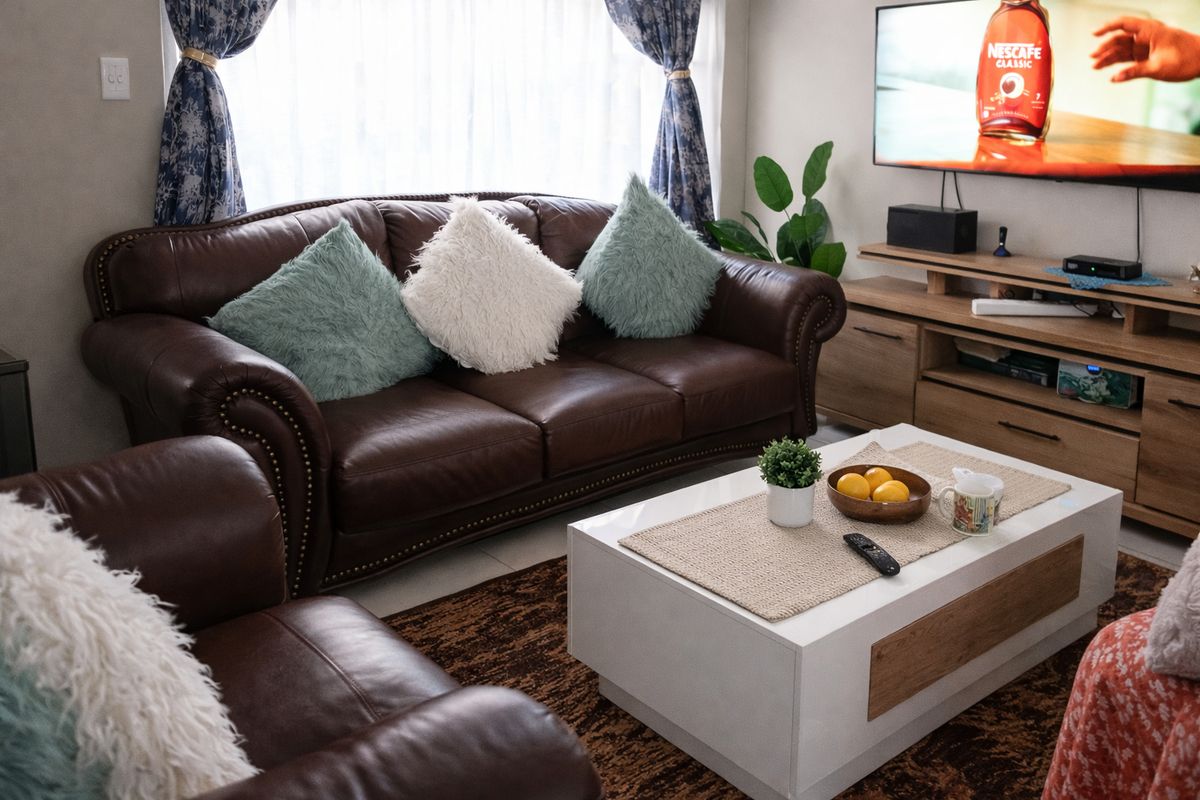 A comfortable living room featuring tiled flooring and a neutral wall finish, providing a functional space for relaxation.