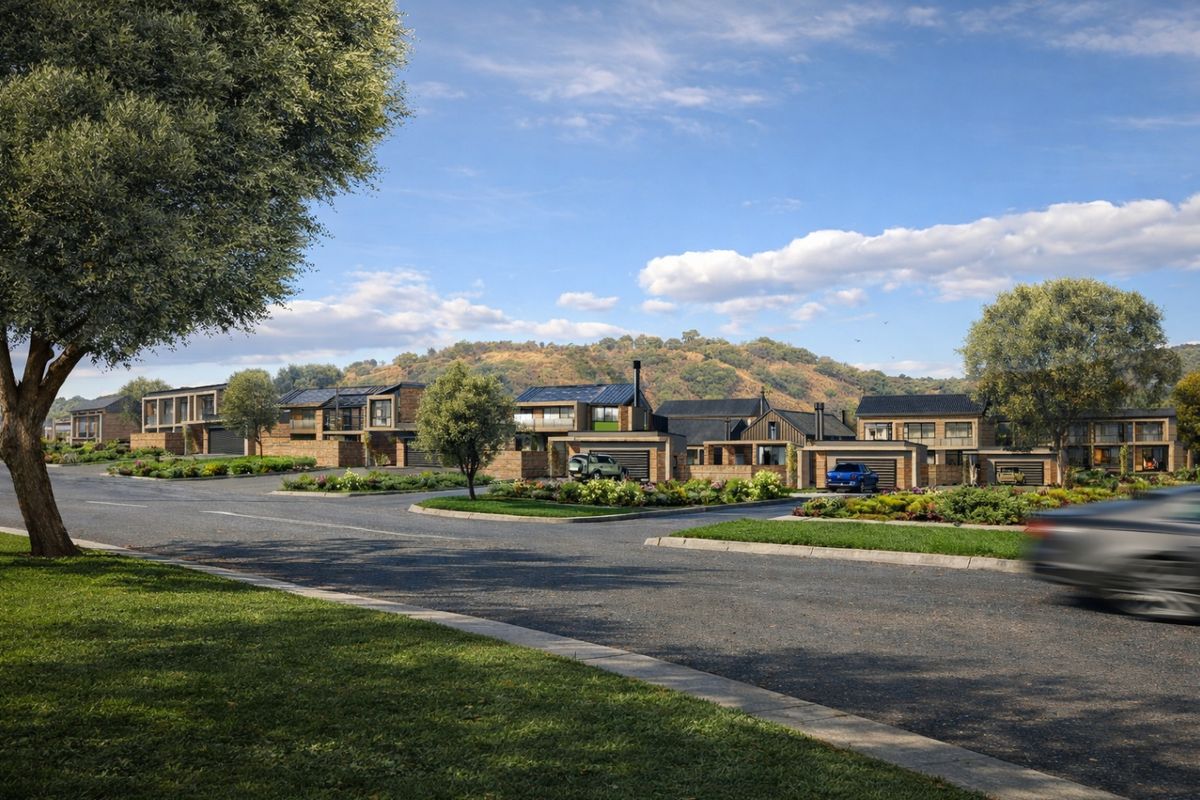 A street-level view of a modern residential development featuring contemporary homes with solar panels, paved roads, and well-maintained landscaped surroundings.