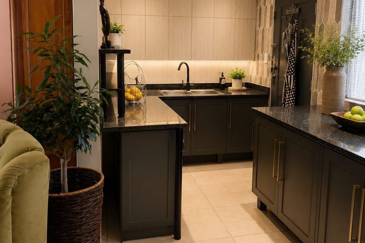 Modern kitchen featuring dark cabinetry, stone countertops, integrated lighting, and a stylish tiled splashback, offering a clean and contemporary aesthetic.