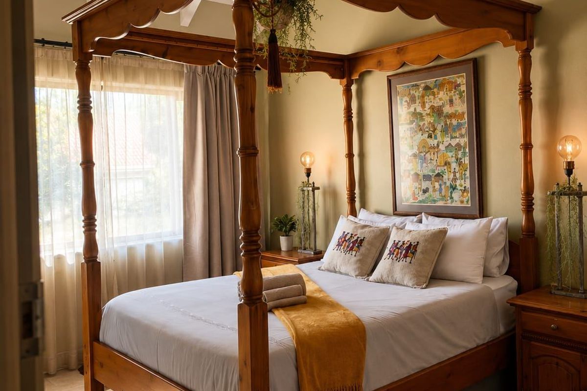 A cozy bedroom featuring a vaulted ceiling with exposed rafters and tiled flooring, creating a warm and inviting atmosphere.