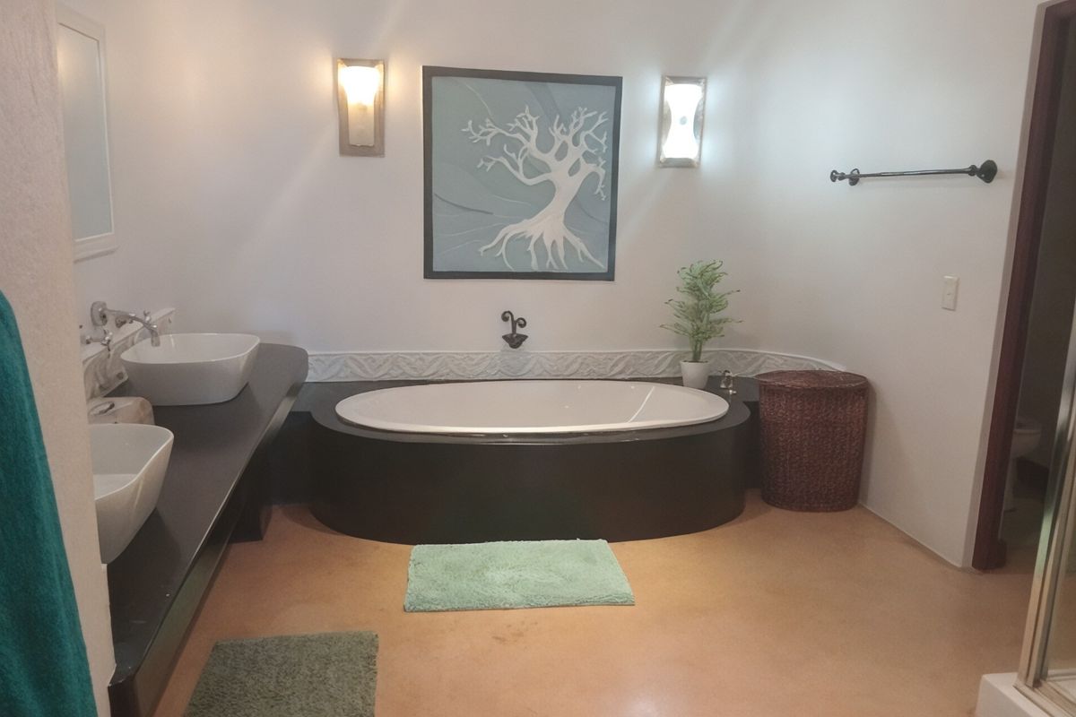 A spacious bathroom featuring a built-in oval bathtub, a double vanity with vessel sinks, and modern wall-mounted lighting.