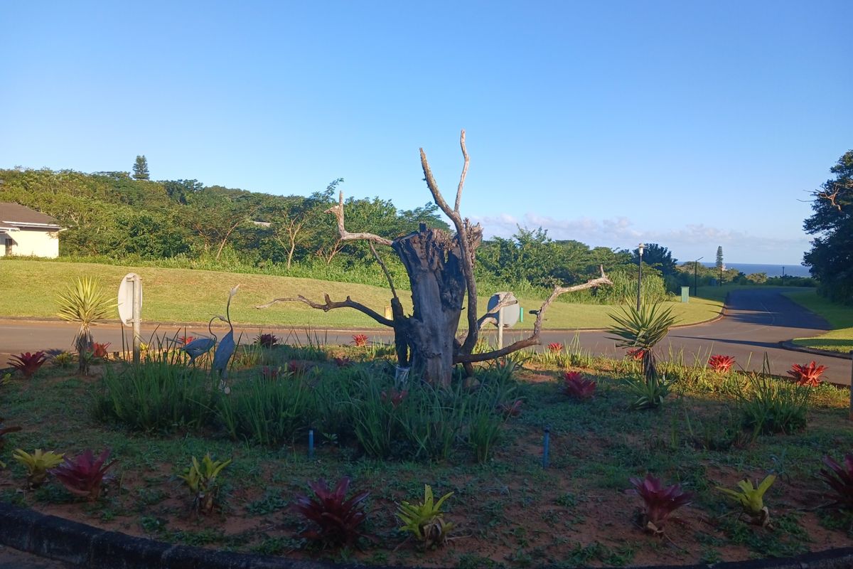 A landscaped garden area featuring a central decorative tree stump, surrounding ornamental plants, and paved road access within a residential estate setting.