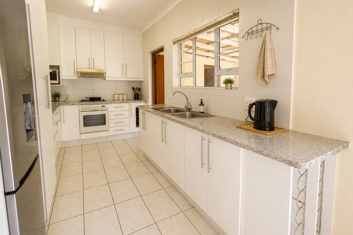 A clean and functional kitchen featuring white cabinetry, granite countertops, a built-in oven with hob, and tiled flooring.