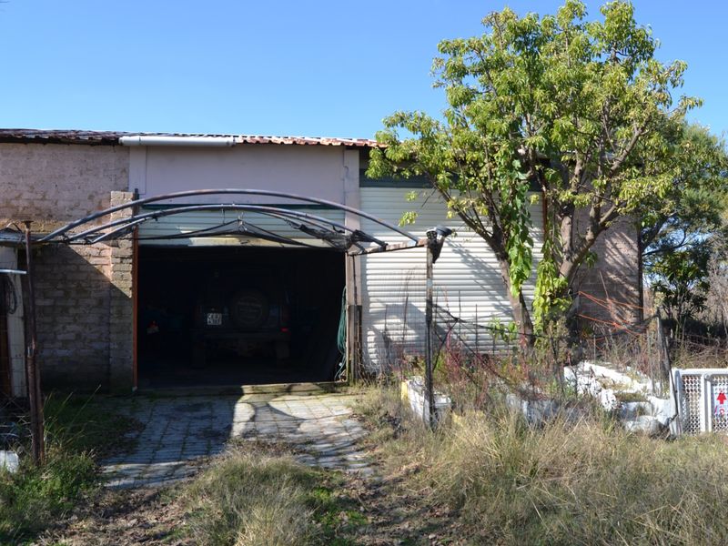 A detached garage structure with a roller shutter door and paved driveway, showing signs of significant wear and maintenance requirements.
