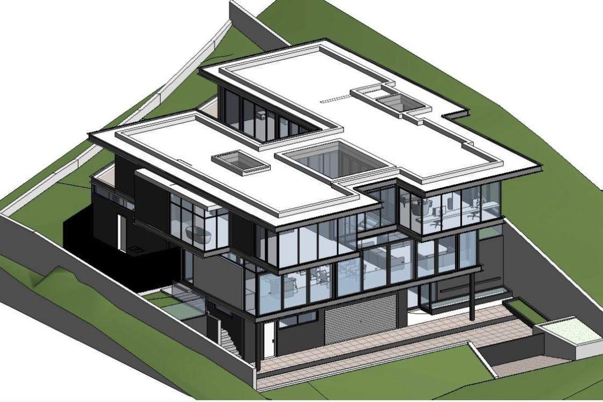 A 3D architectural render of a modern multi-level residential property featuring expansive glass facades, flat roofing, and integrated retaining walls.