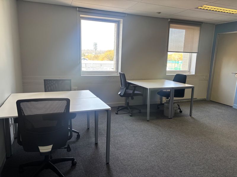A functional commercial office space featuring carpeted flooring, suspended ceilings with recessed lighting, and large windows with roller blinds.