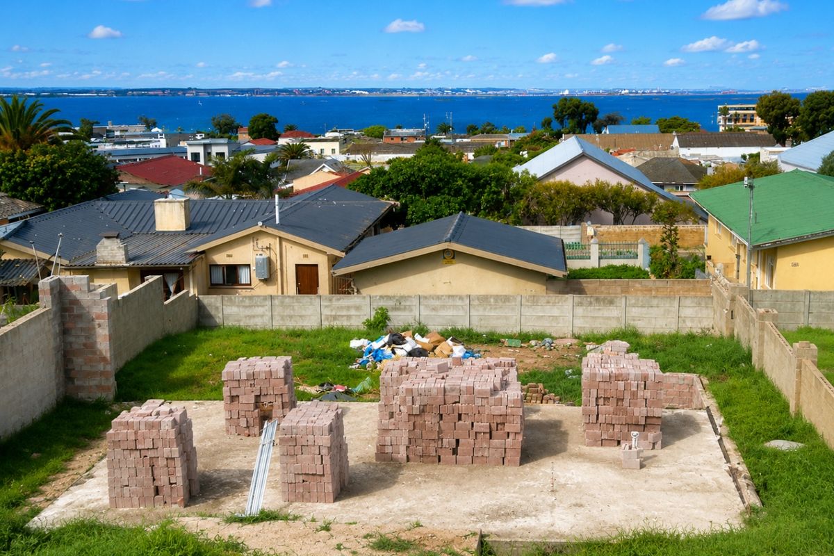 Vacant residential plot featuring a concrete foundation slab with stacked building bricks, enclosed by perimeter boundary walls with views of the surrounding neighborhood.