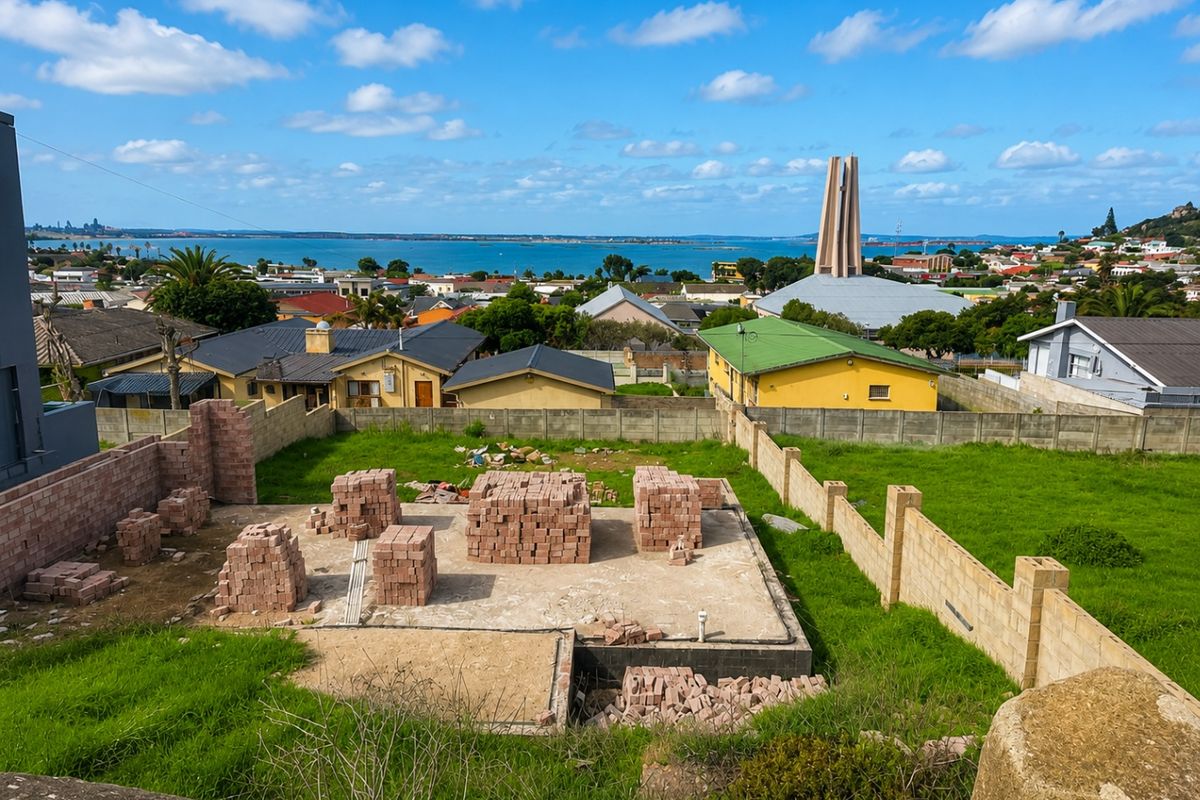Vacant residential land featuring an established concrete foundation and stacks of construction bricks, offering scenic coastal and neighbourhood views.