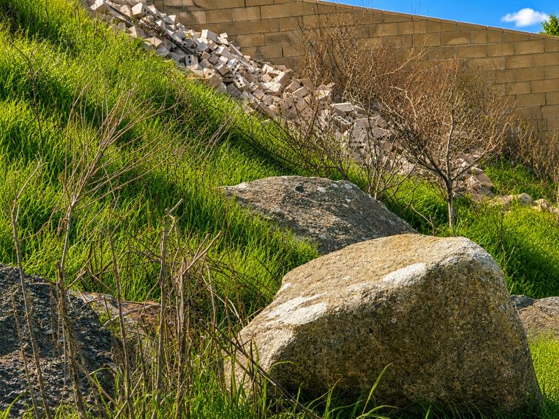 A sloped residential plot featuring natural rock formations, grass, and a concrete block retaining wall with visible construction debris.
