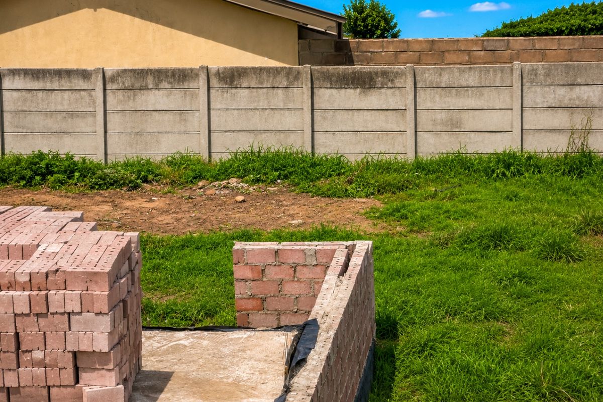 A vacant residential plot featuring a concrete boundary wall and ongoing construction work with stacked bricks on a concrete foundation.