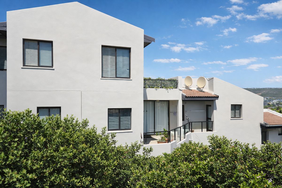 Rear elevation of a modern apartment building featuring white rendered walls, balconies with glass balustrades, and tiled roof sections under a clear sky.