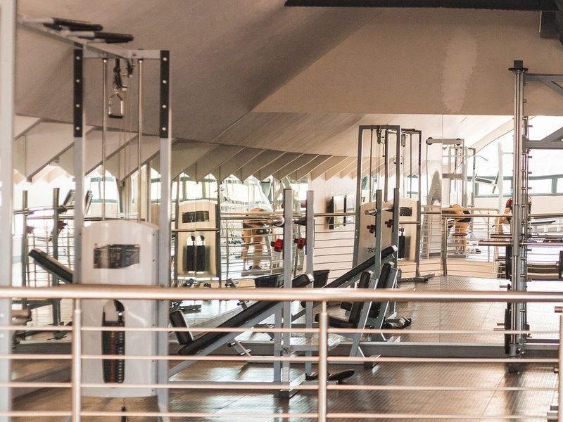 A well-maintained gym facility featuring mirrored walls, exposed industrial ductwork, and durable flooring, secured by a modern stainless steel balustrade.