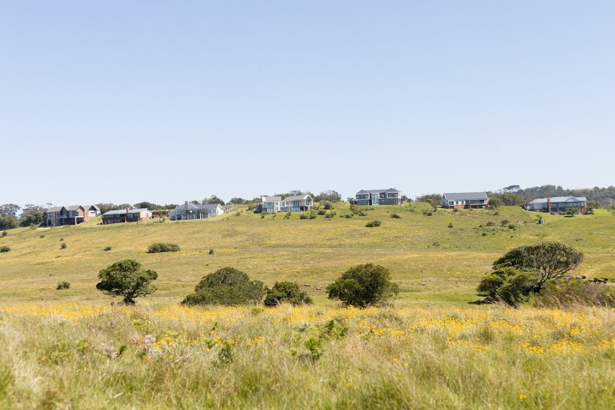 A scenic landscape view of a grassy hillside featuring residential properties in the distance.