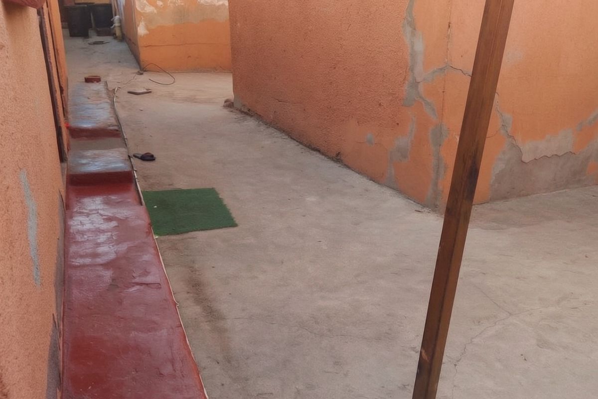 A narrow rear exterior walkway featuring concrete paving and painted walls showing signs of wear and plaster cracking.