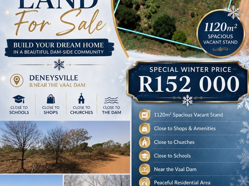 A promotional flyer showcasing a 1120m2 vacant residential stand for sale in Deneysville near the Vaal Dam.