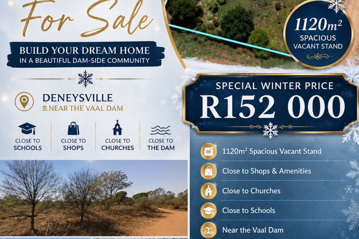 A promotional flyer showcasing a 1120m2 vacant residential stand for sale in Deneysville near the Vaal Dam.
