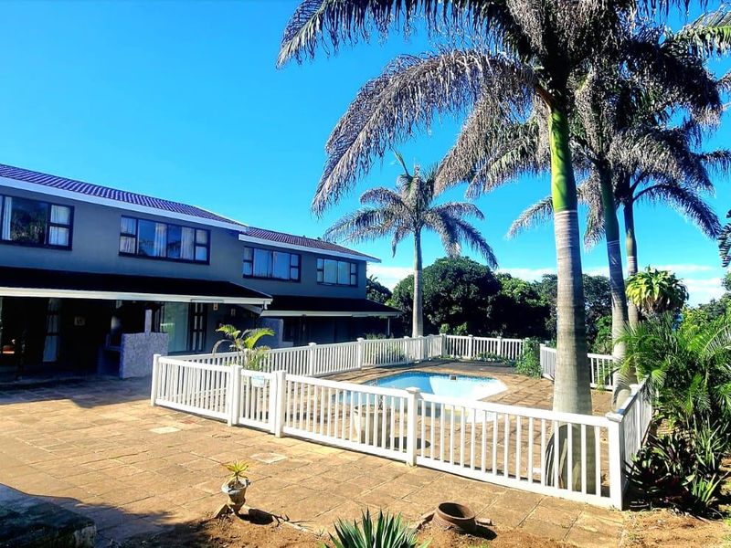Rear exterior view featuring a paved patio area, a swimming pool enclosed by a white fence, and mature palm trees against the house facade.