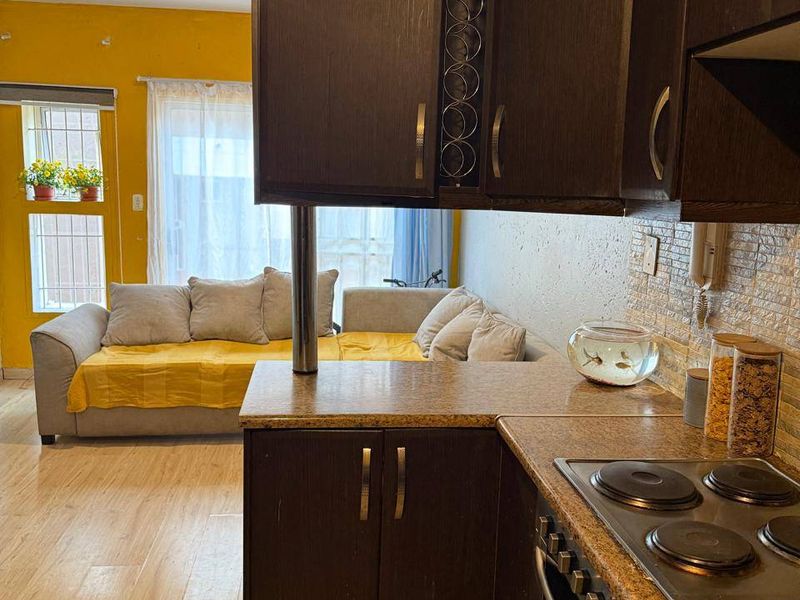 Open-plan kitchen featuring dark wood cabinetry, granite countertops, and a built-in electric hob and oven, flowing into a bright living area.