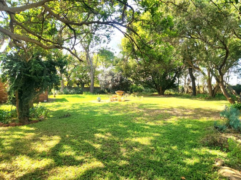 A spacious, well-established garden featuring mature trees, expansive lawn areas, and a stone boundary wall, offering a peaceful and private outdoor setting.