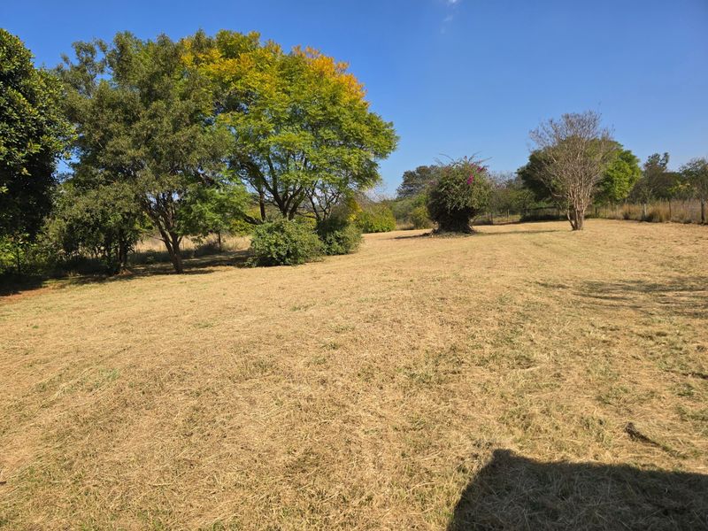 A spacious, open garden area featuring mature trees and established perimeter fencing, offering a blank canvas for landscaping potential.