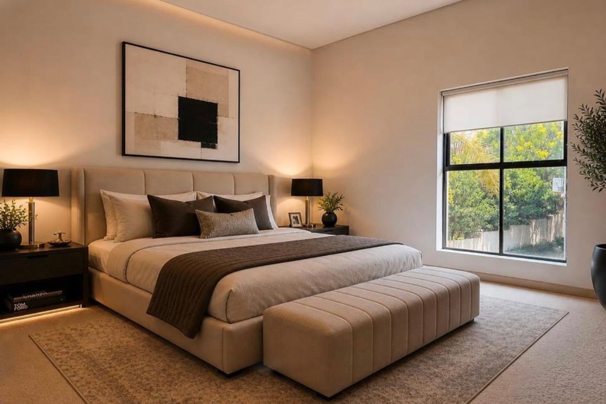 A well-appointed bedroom featuring recessed ceiling lighting, neutral finishes, and a large window with a roller blind overlooking the garden.
