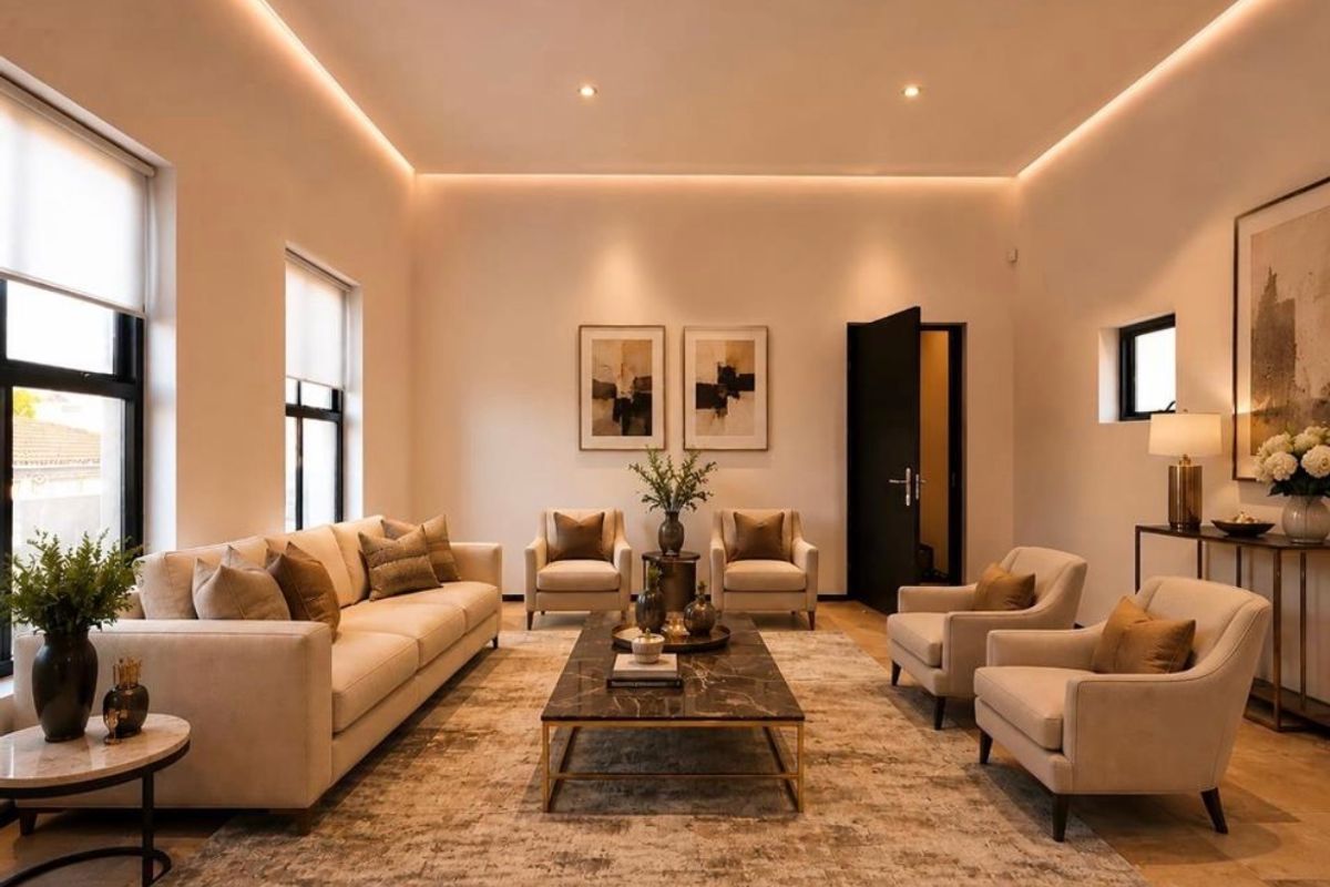A sophisticated and well-lit living room featuring elegant cove lighting, recessed ceiling lights, and high-quality tiled flooring.