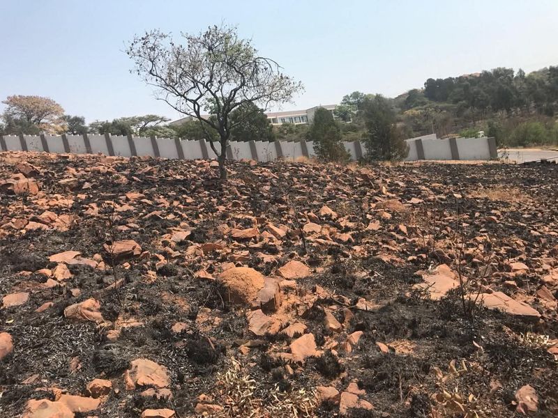 A vacant residential plot featuring rocky terrain and a perimeter boundary wall, showing signs of recent fire damage to the ground vegetation.