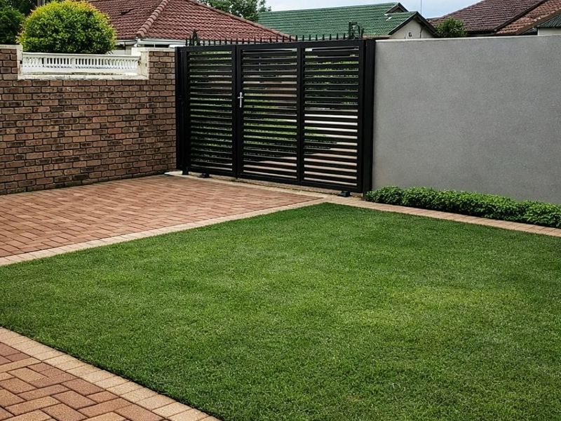 A well-maintained rear garden area featuring a neat lawn, paved patio space, and secure boundary walls with a modern metal gate.