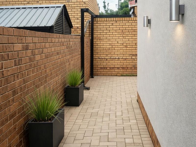 A clean, well-maintained side passage featuring paved flooring, brick boundary walls, and modern wall-mounted exterior lighting fixtures.