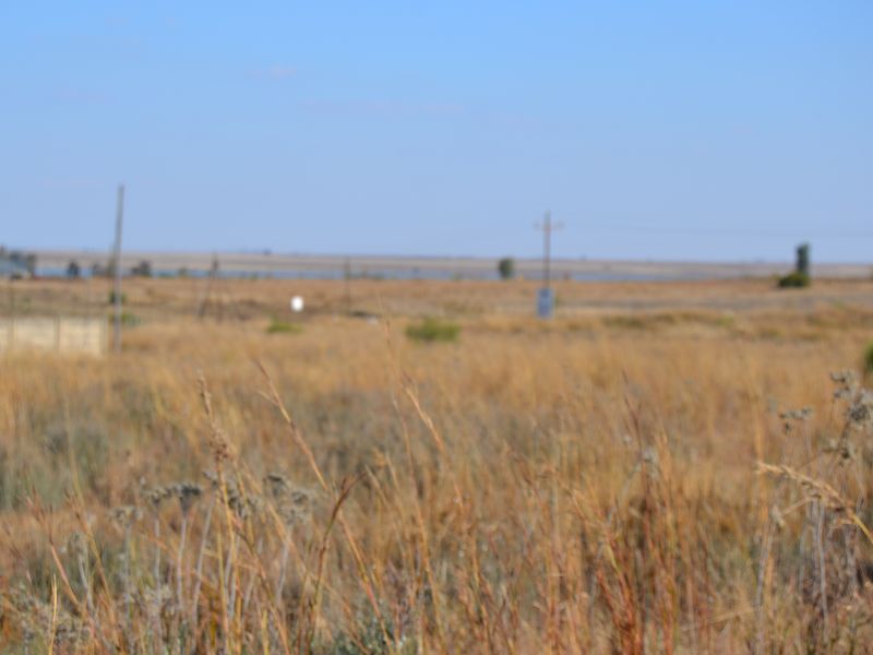 A wide-angle view of the vacant residential land featuring dry grass and distant utility infrastructure under a clear blue sky.