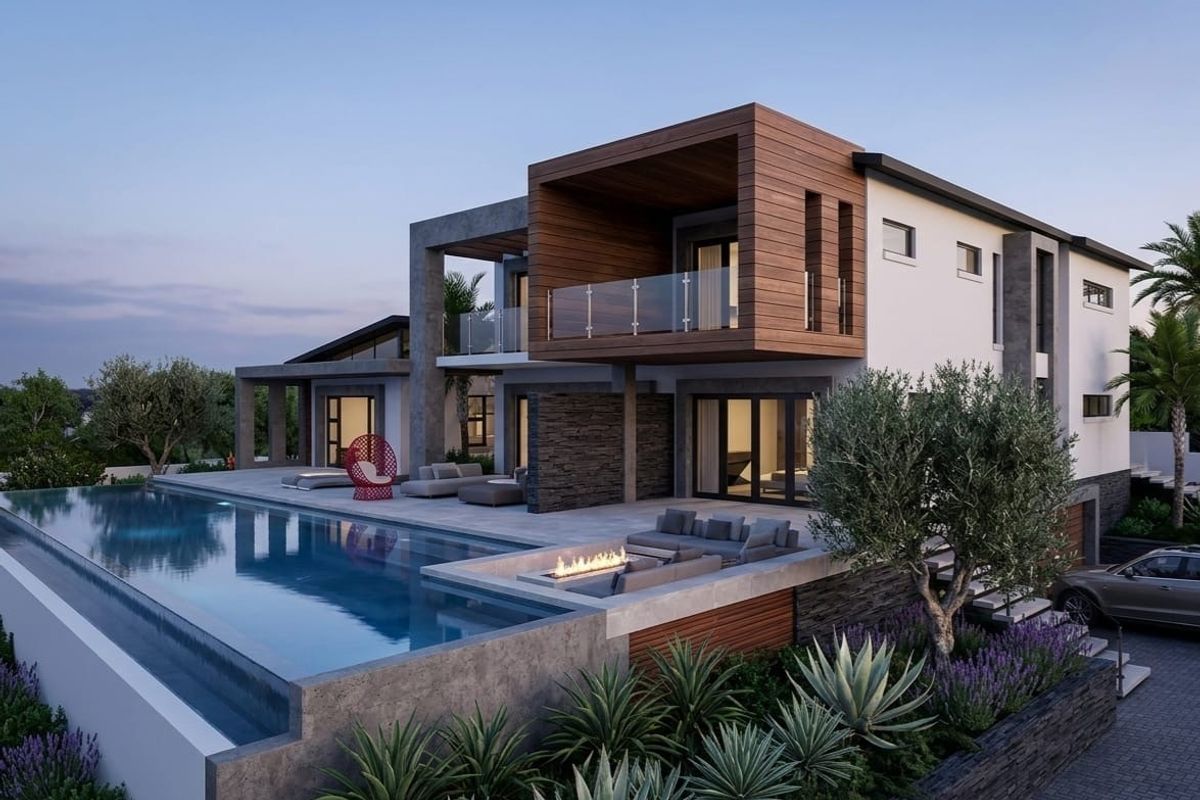 Modern luxury residence featuring an infinity pool, sunken fire pit, and expansive timber-clad balcony overlooking a landscaped garden.