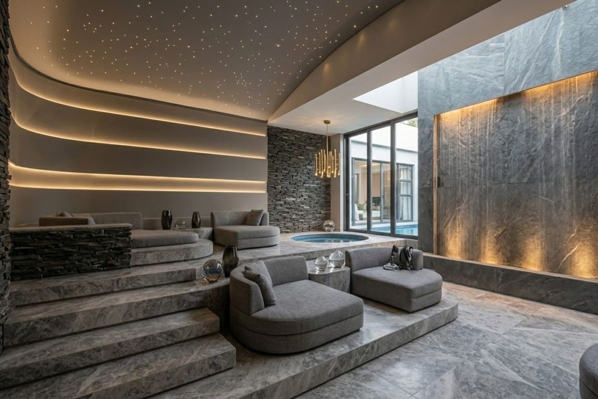 Luxurious living space featuring tiered stone seating, a star-field ceiling, integrated spa pool, and a dramatic stone water feature wall with ambient lighting.