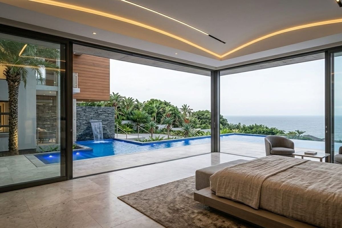 Luxurious bedroom featuring floor-to-ceiling sliding glass doors opening onto a private infinity pool with ocean views and integrated water feature.
