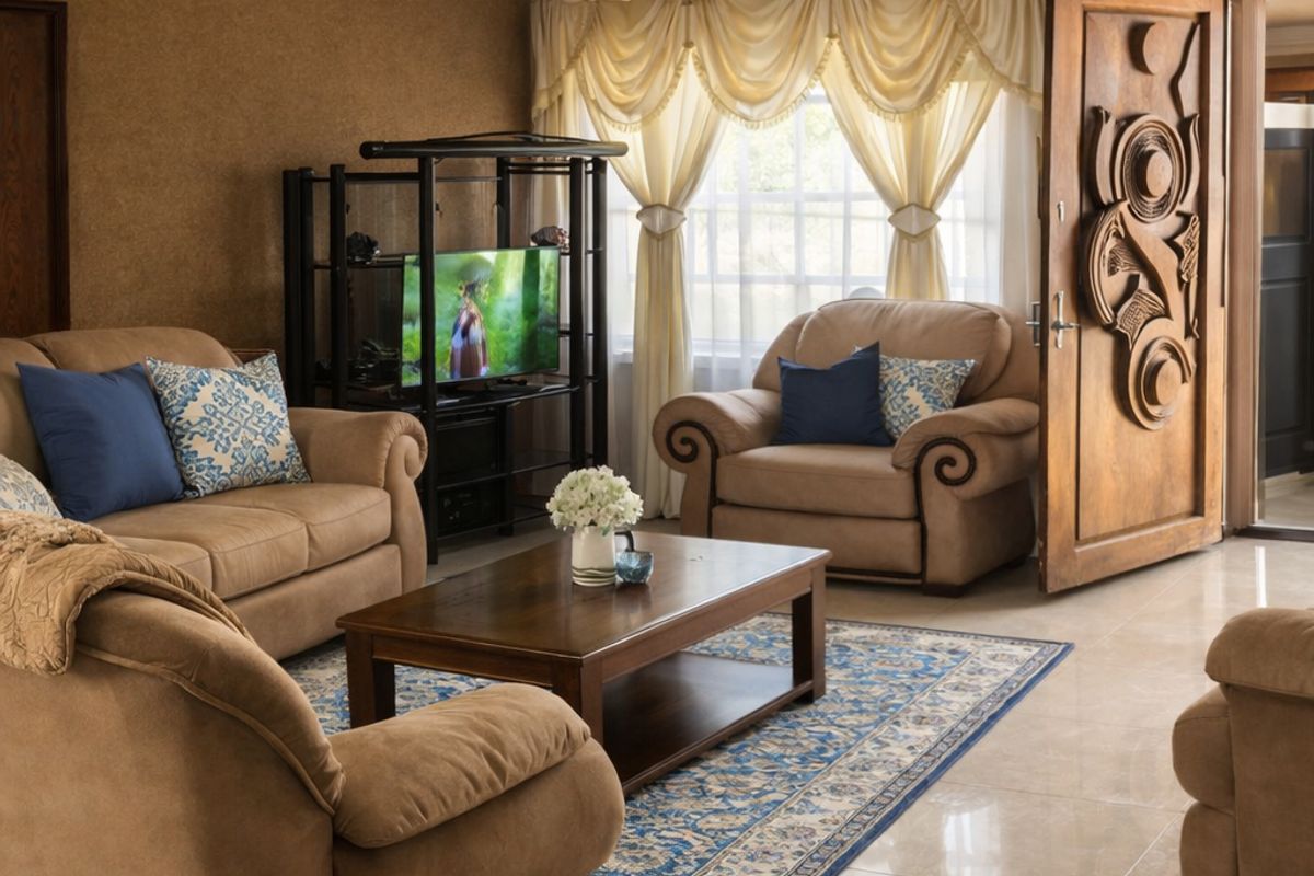 A living room featuring ornate ceiling detailing, a decorative ceiling rose, tiled flooring, and a distinctive carved wooden entrance door.