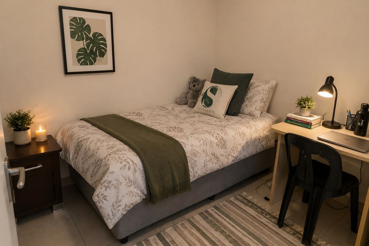 A cozy, well-maintained bedroom featuring neutral wall tones and tiled flooring, providing a comfortable and functional living space.